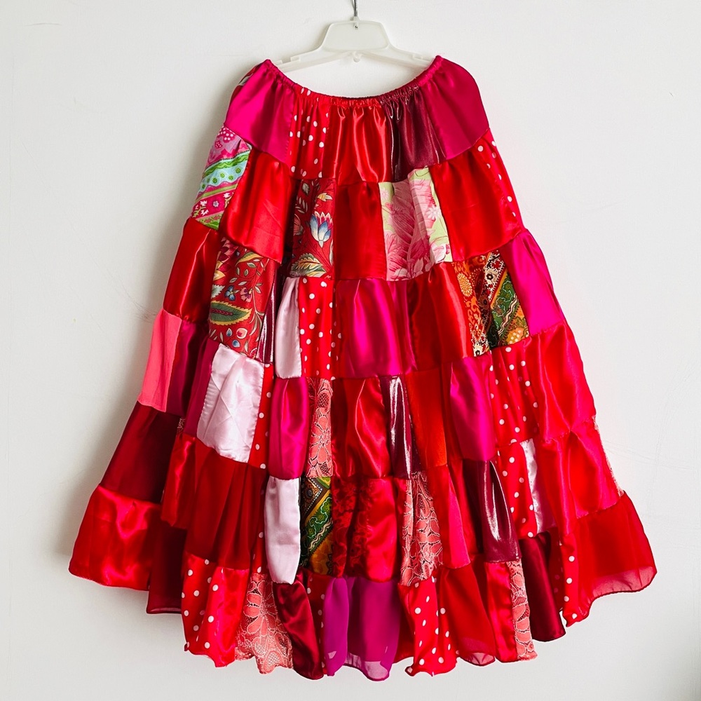 Red Multicolor Patchwork Skirt. Mid-calf Midi. Satin Cotton Chiffon. Size S, New